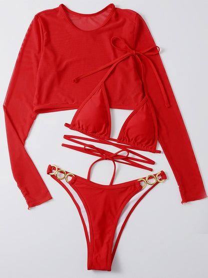 High Waist Long Sleeve Cutout 3-Piece Bikini Set