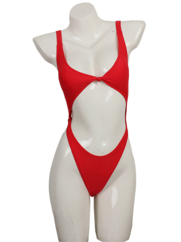 Solid Color Twisted Cutout One-Piece Swimsuit kakaclo