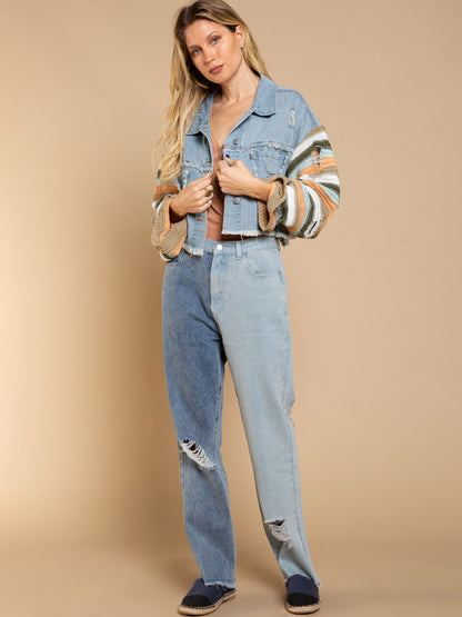 Casual Denim Rainbow Sleeved Slicing Jacket kakaclo