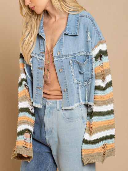 Casual Denim Rainbow Sleeved Slicing Jacket kakaclo