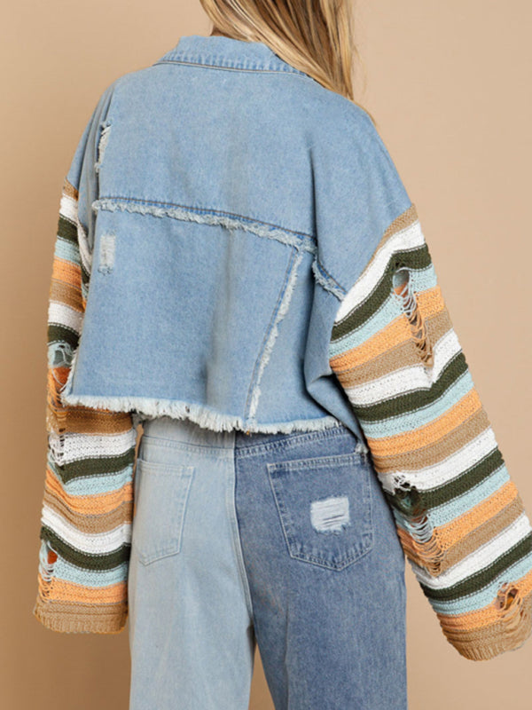 Casual Denim Rainbow Sleeved Slicing Jacket kakaclo