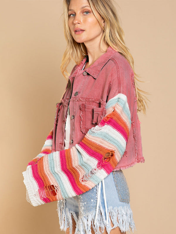 Casual Denim Rainbow Sleeved Slicing Jacket kakaclo