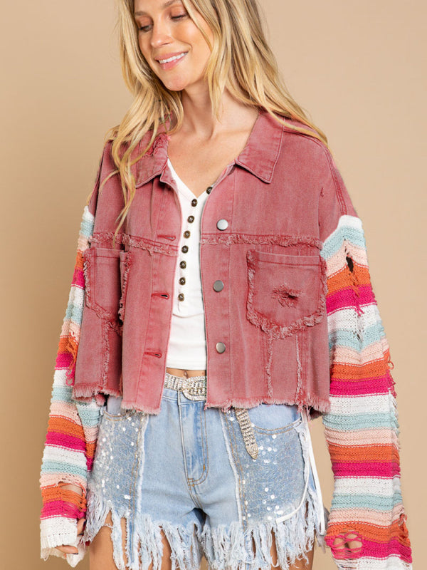 Casual Denim Rainbow Sleeved Slicing Jacket kakaclo