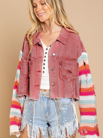 Casual Denim Rainbow Sleeved Slicing Jacket kakaclo