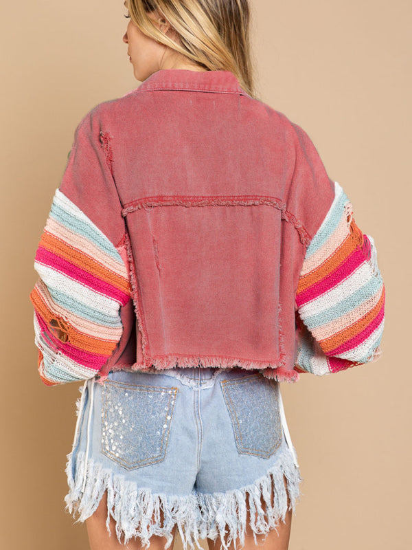 Casual Denim Rainbow Sleeved Slicing Jacket kakaclo
