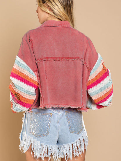 Casual Denim Rainbow Sleeved Slicing Jacket kakaclo