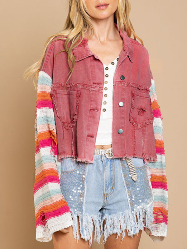 Casual Denim Rainbow Sleeved Slicing Jacket kakaclo