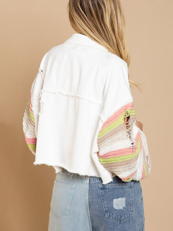 Casual Denim Rainbow Sleeved Slicing Jacket kakaclo