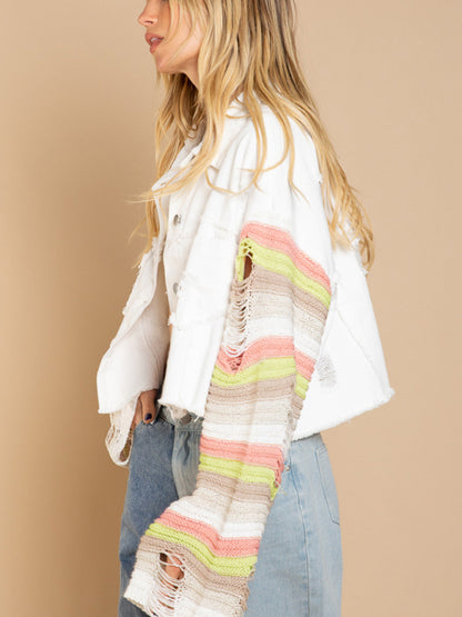 Casual Denim Rainbow Sleeved Slicing Jacket kakaclo
