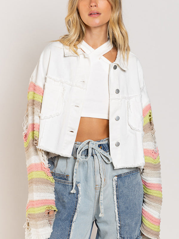 Casual Denim Rainbow Sleeved Slicing Jacket kakaclo