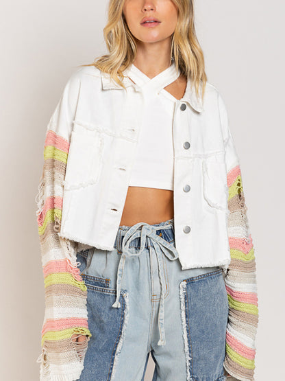 Casual Denim Rainbow Sleeved Slicing Jacket kakaclo
