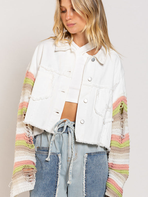 Casual Denim Rainbow Sleeved Slicing Jacket kakaclo