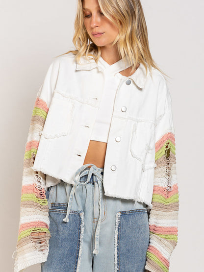 Casual Denim Rainbow Sleeved Slicing Jacket kakaclo
