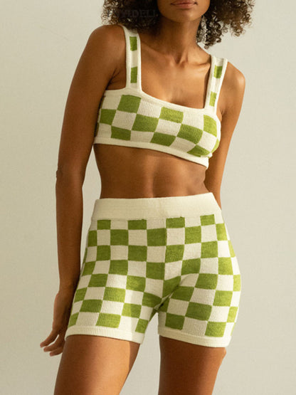 Checkerboard Camisole  Shorts Two-Piece Set kakaclo
