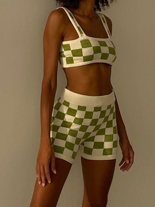 Checkerboard Camisole  Shorts Two-Piece Set kakaclo
