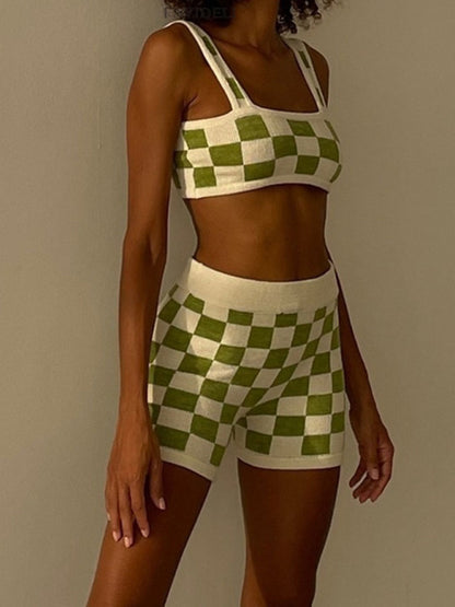 Checkerboard Camisole  Shorts Two-Piece Set kakaclo