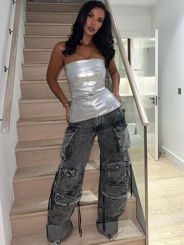 Casual Metallic Tube Top kakaclo