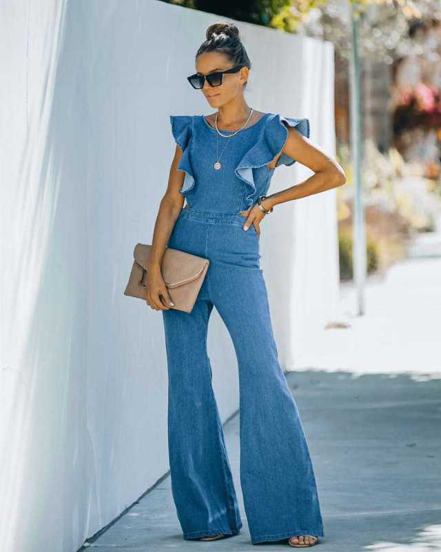 Denim Slim Fit Ruffle Flared Jumpsuit kakaclo
