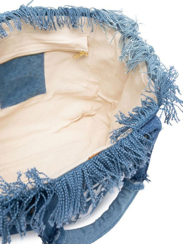 Handmade Tassel Handbag Fashion Print Denim Tote Bag