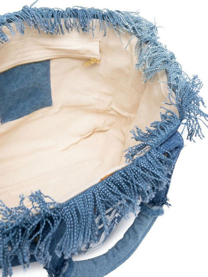 Handmade Tassel Handbag Fashion Print Denim Tote Bag