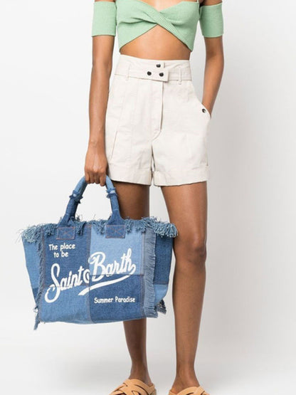Handmade Tassel Handbag Fashion Print Denim Tote Bag