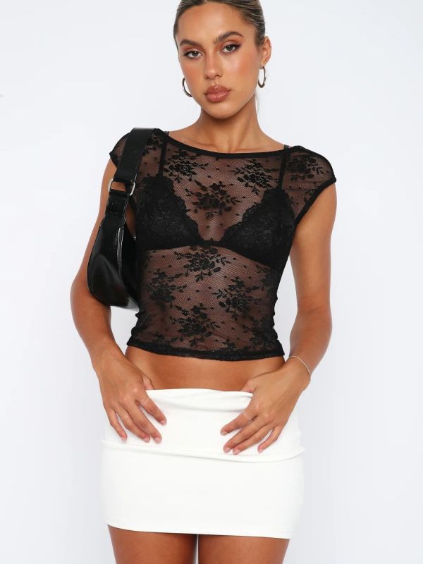 Lace Mesh Backless Sheer See-through Top kakaclo