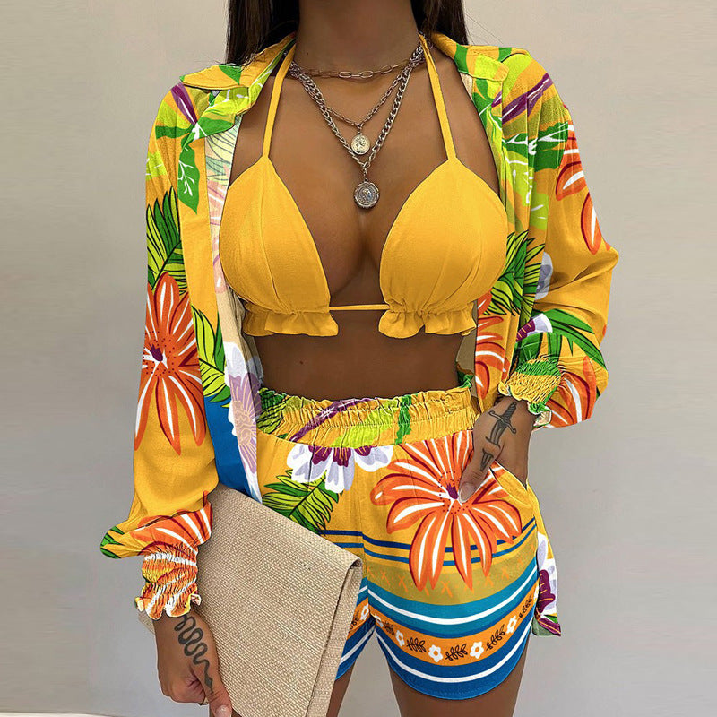 Sexy printed long-sleeved shirt and shorts three-piece suit kakaclo