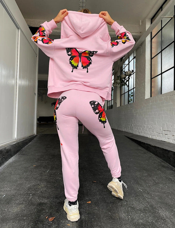 Colorful Butterfly Print Trousers Casual Hooded Sweatshirt Set